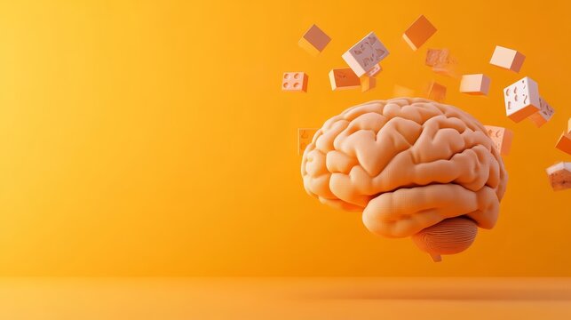A stylized brain floats against a bright orange background, with cubes seemingly emerging from it - Powered by Adobe