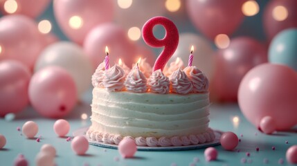 number 9 candle on a ninth year birthday cake celebration with balloons and party decoration as banner