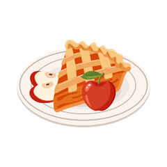Piece of baked apple pie with apple pieces on a plate. Traditional holiday food, dessert, sweet. Flat illustration