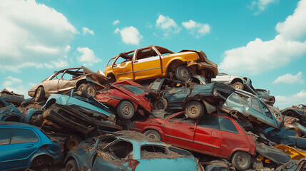 Pile of scrap waste of cars for recycling. Smashed destroyed car wrecks on car junkyard