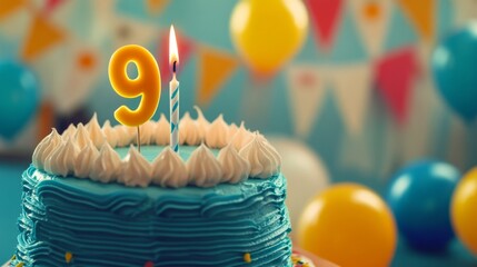 number 9 candle on a ninth year birthday cake celebration with balloons and party decoration as banner