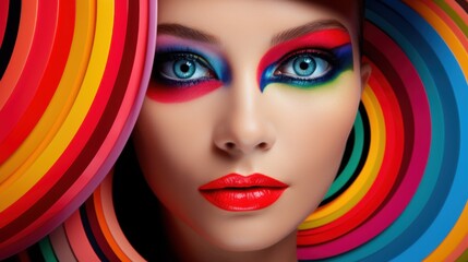 Fototapeta premium A striking portrait of a woman with vivid, colorful makeup and a spiral of rainbow hues framing her face, evoking a vibrant, artistic style.