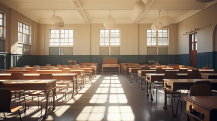 An empty classroom bathed in natural light, with neatly arranged desks and chairs, conveying a sense of calm and readiness for learners.