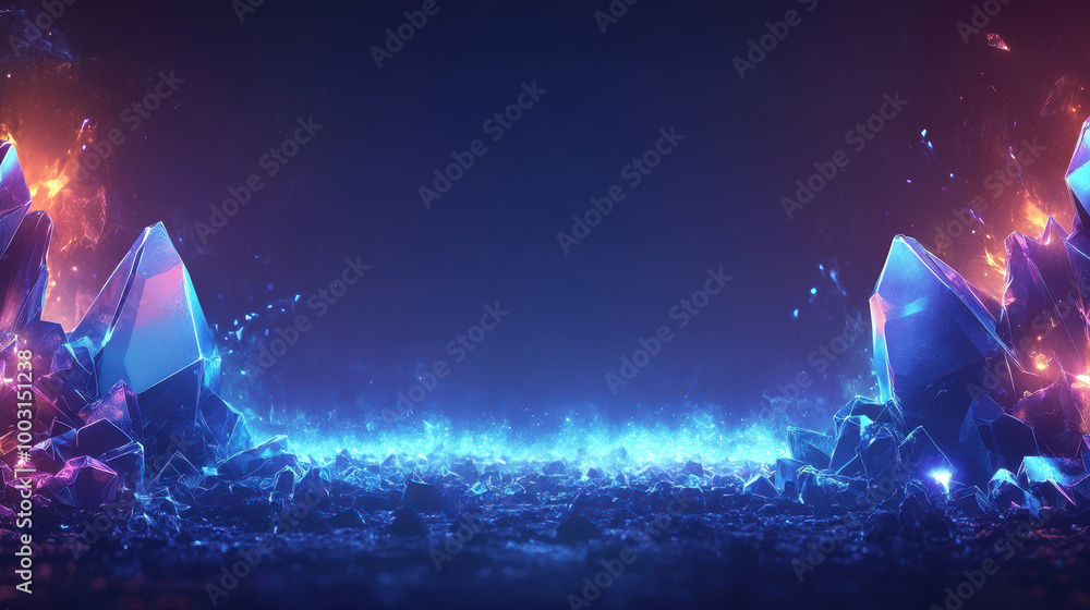 Wall mural Glowing crystals on dark background with a copy space for text.