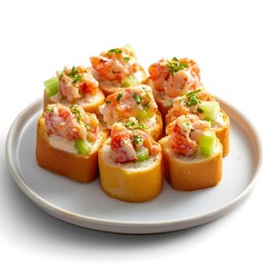 Delicious lobster salad appetizers on fresh baguette slices