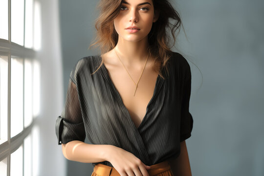 Una mujer lleva una camisa negra y una falda marr&oacute;n.Est&aacute; posando para una fotograf&iacute;a. La imagen transmite elegancia y sofisticaci&oacute;n.