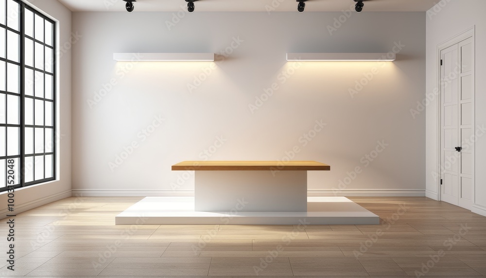 Poster empty studio with podium and window light overlays for product presentation