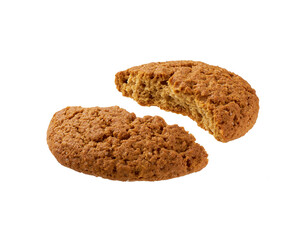 Broken round oatmeal cookies isolated on white background.