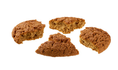 Broken round oatmeal cookies isolated on white background.