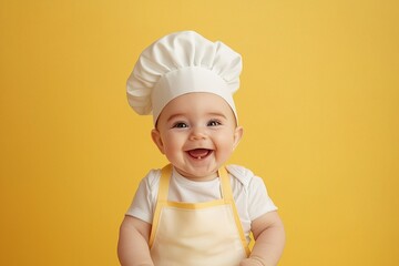 portrait cute smiling baby dressed in chefs hat and apron on yellow background