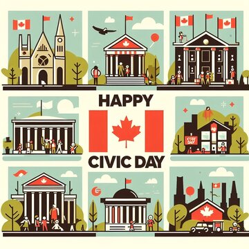 Happy Canada civic day collage illustration depictive various Canadian landmarks and scenes 