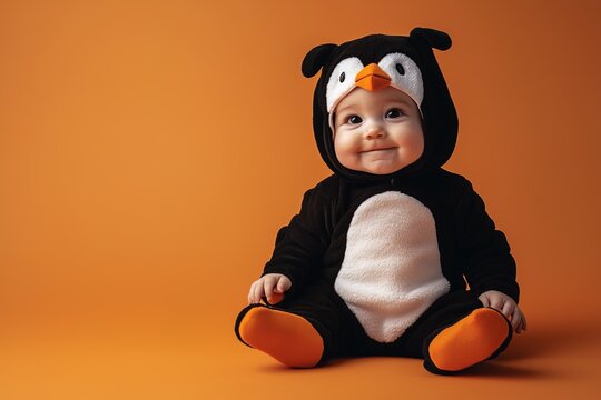 adorable baby in penguin pajamas sitting on yellow background with copy space - Powered by Adobe