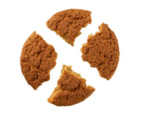Broken round oatmeal cookies isolated on white background.