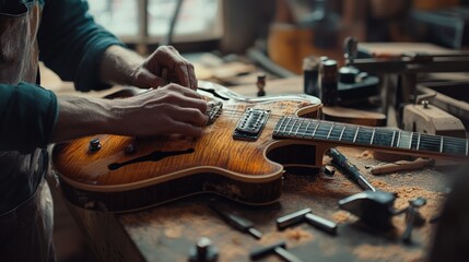 A skilled artisan meticulously sands a custom guitar in a workshop filled with tools and wood shavings, emphasizing craftsmanship and attention to detail