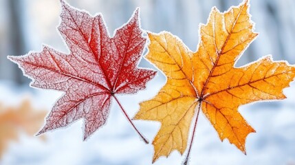 Fototapeta premium Frost blankets the colorful autumn leaves, highlighting their red and orange hues as the sun sets, creating a stunning display of seasonal beauty
