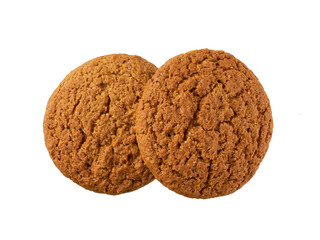 Two oatmeal cookies  isolated. Round oatmeal cookies  isolated on white background, top view.