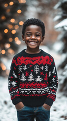 Xmas vibes - cute kid chils wearing christmas outfit smiling at the camera. Vertical banner for...