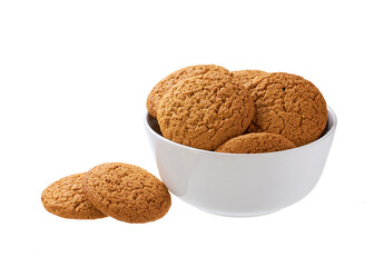 delicious oatmeal cookies round shape in a plate isolated on white background.