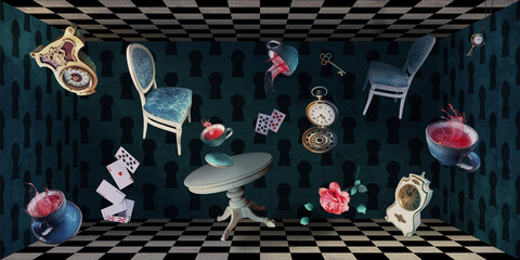 The wonderland room. Flying furniture, playing cards, cups, watches, keys and more on the background of green walls and a chess floor. Mad Tea party. Colorful background for photo shoots and parties