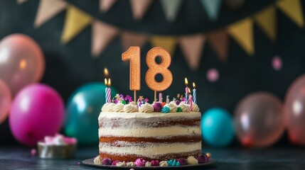 number 18 candle on a eighteenth year birthday cake celebration with balloons and party decoration as banner