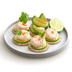 Gourmet avocado and shrimp rice cakes garnished with lime and parsley on a plate
