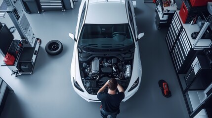 Under the hood. A car mechanic working on the engine of a white car in a modern workshop, car repairs concept, top view