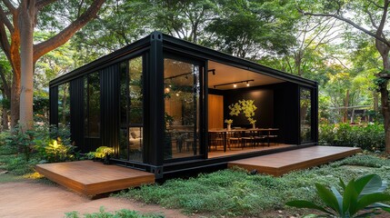 Enjoy a cozy experience at this shipping container cafe located in the forest, featuring wood flooring, a coffee bar, and an inviting outdoor seating area with umbrellas