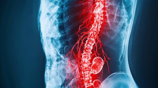 A radiographic image of the abdominal arteries, with the injected contrast dye highlighting the celiac and mesenteric arteries, showing the flow of blood to the digestive organs.