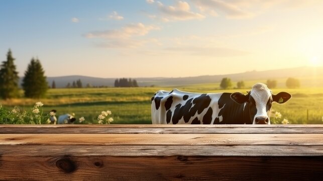 Farm scene featuring wood tabletop and cows, ideal for displaying eco friendly milk products