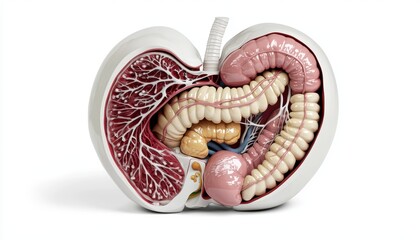 Obraz premium A 3D anatomical stomach model, with the connection to the small intestine and the esophagus clearly visible, isolated on a white background.