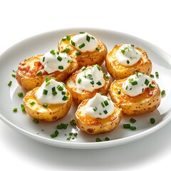 Obraz premium Baked potato appetizers with sour cream and chives on white plate