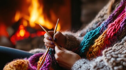 A person is knitting a vibrant, multicolored scarf by a warm, glowing fireplace, surrounded by the comfort of a cozy winter evening atmosphere