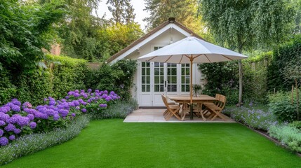 Lush greenery sets the stage for an elegant garden room with ornate details, offering a beautiful space for outdoor activities and social gatherings amid vibrant hydrangeas