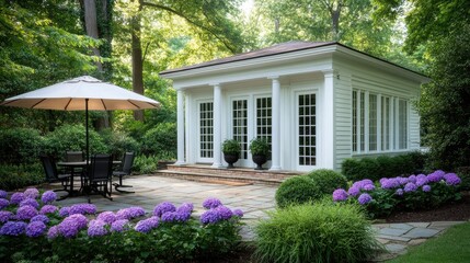 Fototapeta premium Lush greenery sets the stage for an elegant garden room with ornate details, offering a beautiful space for outdoor activities and social gatherings amid vibrant hydrangeas