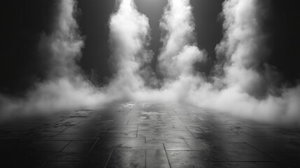 concrete floor with fog and smoke. black background