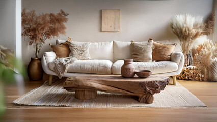 modern living room minimalist with organic objects and plants, Pastel color