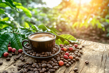 Black cup of freshly brewed coffee on rustic wooden table surrounded by coffee beans, ripe coffee cherries, and green leaves, set against lush, sunlit background of nature