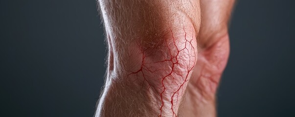 Fototapeta premium A close-up of a leg with prominent varicose veins near the knee, focusing on the uneven texture and discoloration caused by poor circulation.
