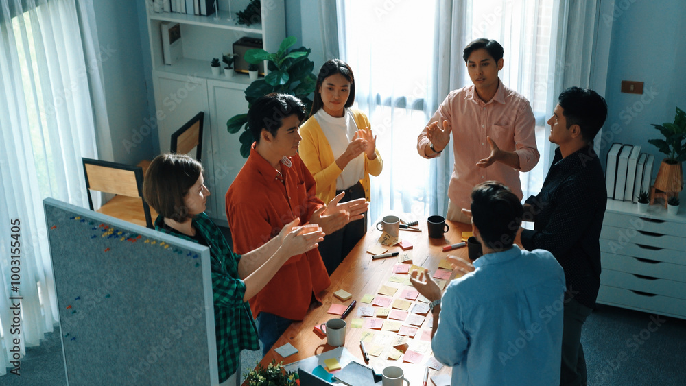 Poster top view of creative team clapping hands to celebrate increasing sales or successful idea. group of 