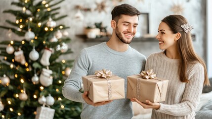 A young man surprises his girlfriend with a wrapped gift as they share a joyful moment near a decorated Christmas tree, both smiling warmly at each other