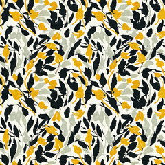 Modern printed fabric wildflower blockprint pattern with linen fabric textures. Stylized hand drawn boho dark florals for decorative design elements in repeatable background tile.