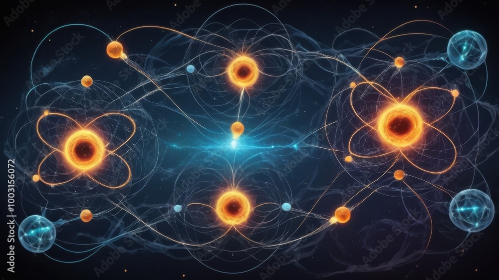 Poster exploring quantum entanglement with interconnected atoms in a cosmic environment