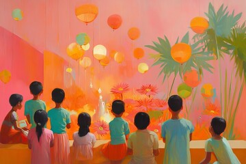 Children's Day in India. Girls and boys smile and enjoy the holiday