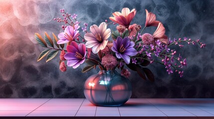Elegant floral arrangement with purple and pink flowers in a glass vase, set against a textured backdrop with soft lighting.