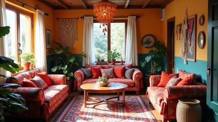 Colorful living room with bohemian decor and lush plants in a bright, sunlight-filled space