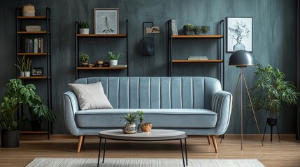 Open-concept living area featuring a retro velvet sofa, modern coffee table, and stylish vintage decor