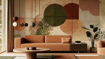 A cozy living room mood board showcasing terracotta sofa and earthy green tones for a warm and inviting atmosphere