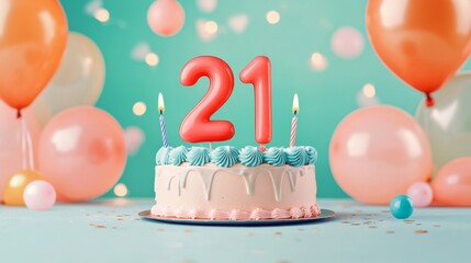 number 21 candle on a twenty- first year birthday cake celebration with balloons and party decoration as banner