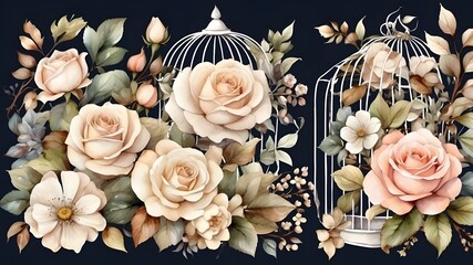 Adorable watercolor natural floral greeting card featuring a cage, white rose, berries, wildflowers, and leaves in an isolated vintage style.
