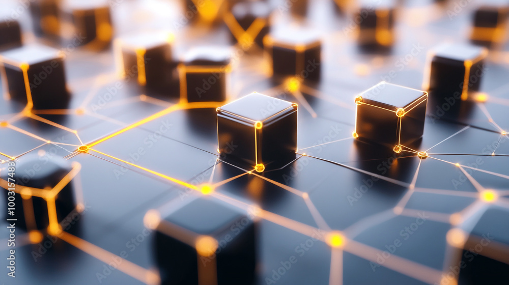 Aufkleber blockchain network of interconnected glowing cubes. concept of virtual business team.